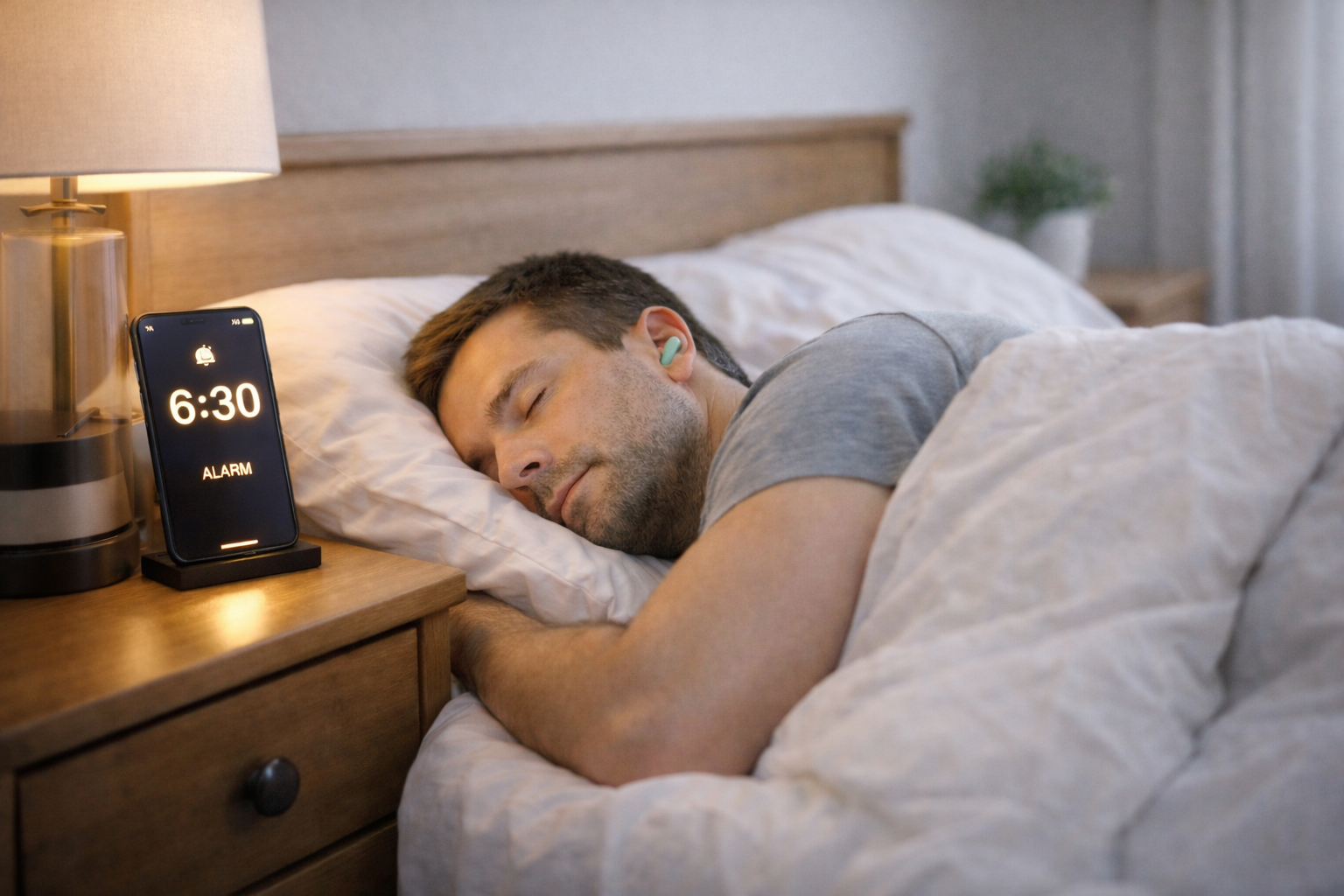 Un homme dort avec des bouchons d’oreilles souples près de son réveil