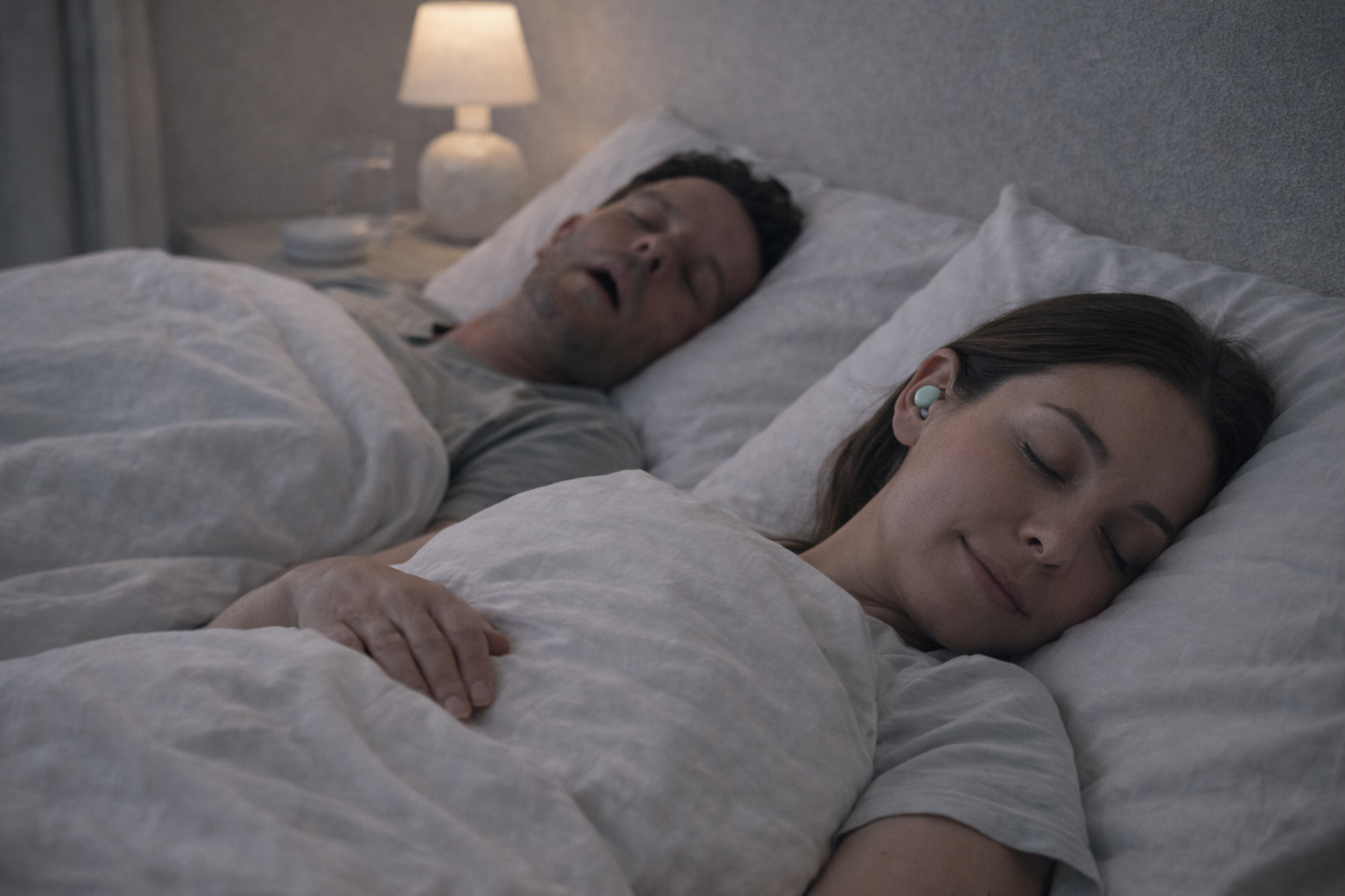 Une femme qui dort paisiblement avec ses bouchons d’oreilles